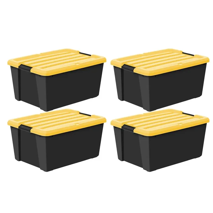 45 Qt. Plastic Storage Bins with Lids, Black, Latching, Stackable, Totes 4Pk