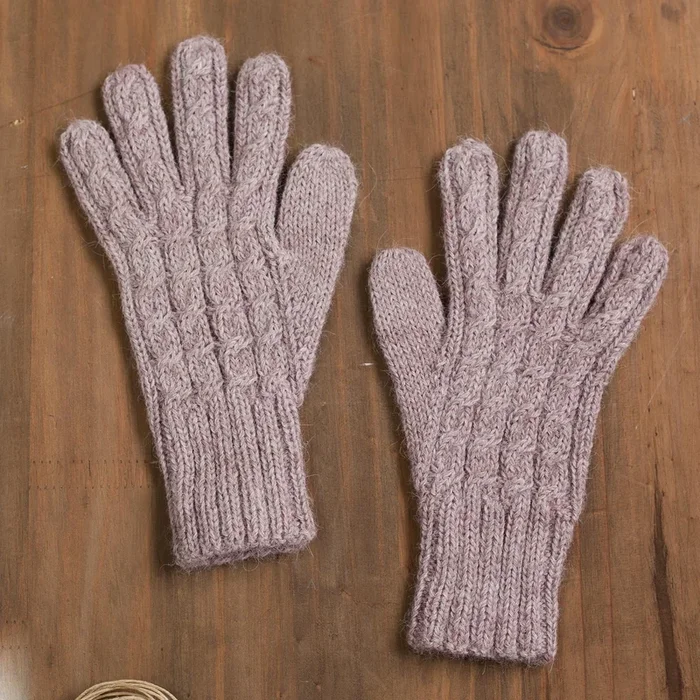 ‘Winter Delight in Light Mauve’ Cable Knit 100% Alpaca Gloves from Peru
