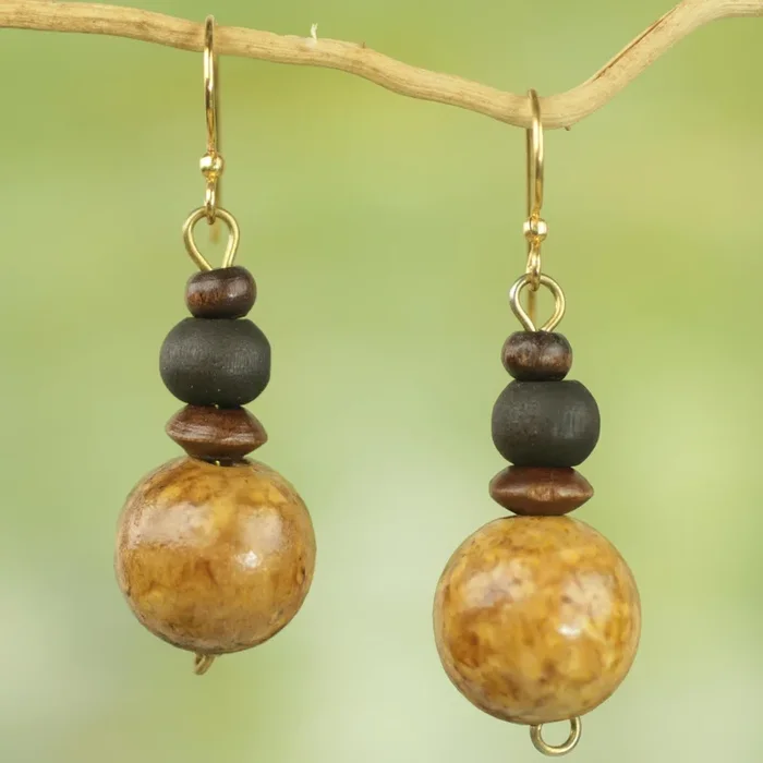 African Fence Sese Wood Bead Dangle Earrings on Brass Hooks from Ghana