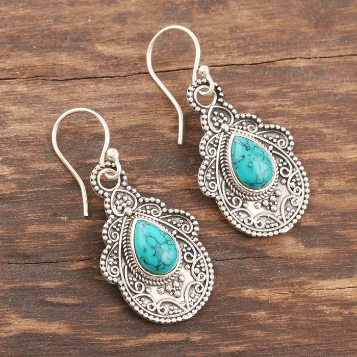Agra Aesthetic Oxidized Silver and Reconstituted Turquoise Earrings