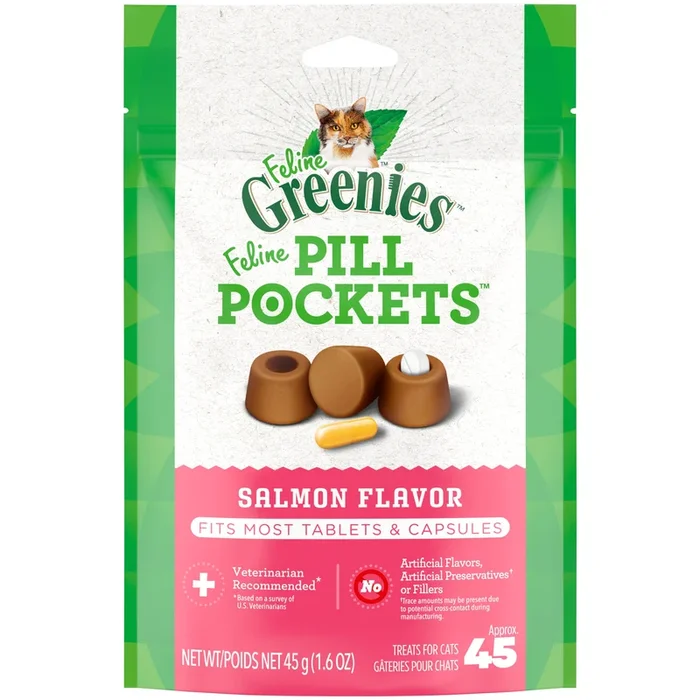 Greenies Feline Pill Pockets for Cats Natural Soft Cat Treats, Salmon Flavor, 1.6 oz. Pack (45 Treats)