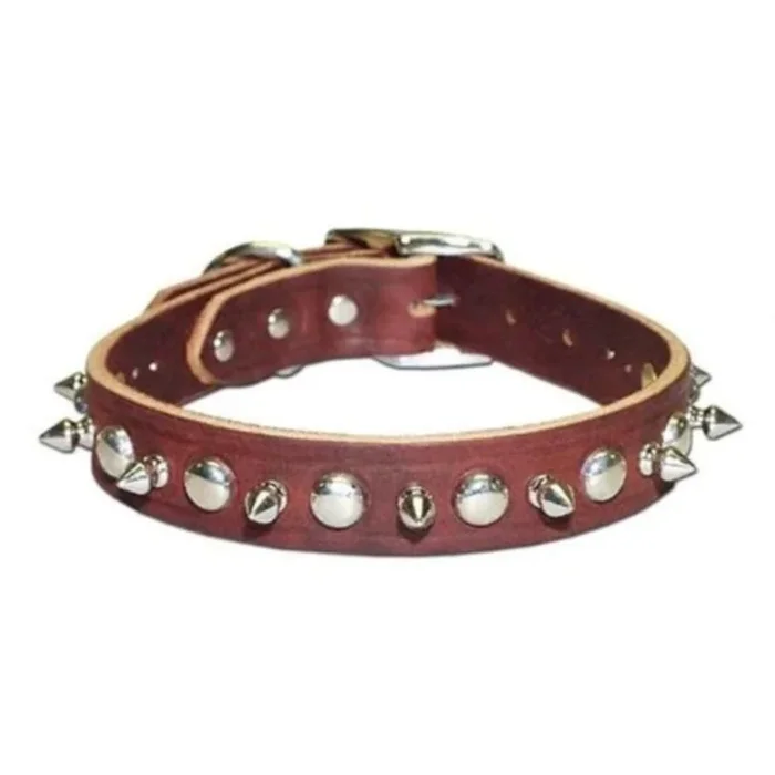 Leather Brothers – Collar Leather Stitched -Studs And Spikes Red 1″