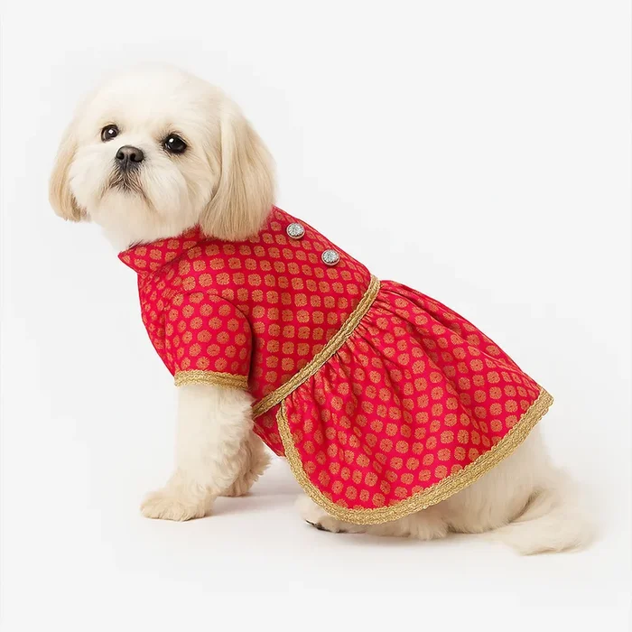 Pawsindia Traditional Royal Brocade Dress for Dogs (Red)