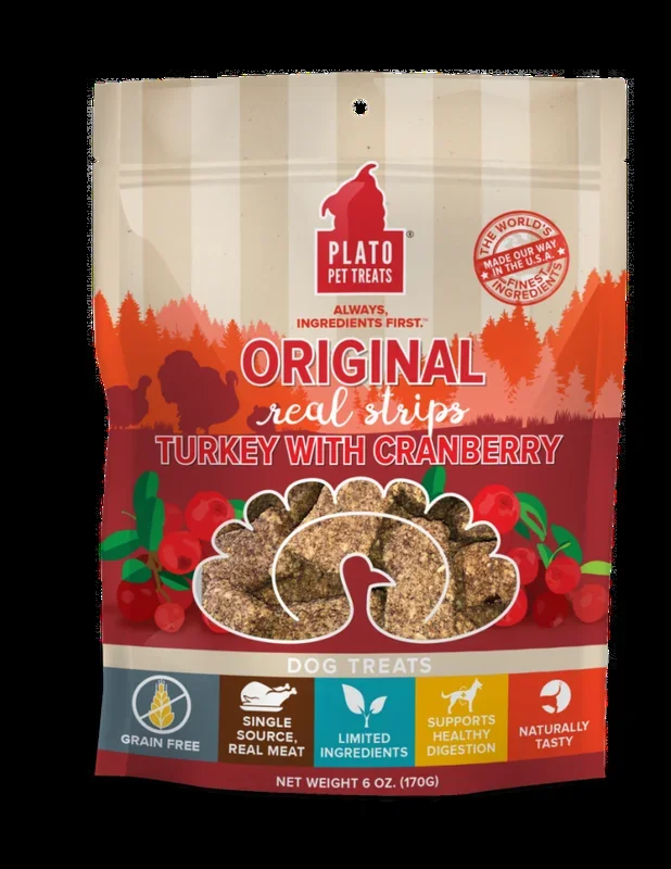 Plato Grain Free Real Strips Turkey With Cranberry Dog Treats