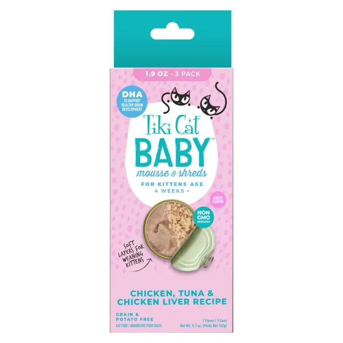 *(Please Use By 2026-02-28)* Canned Cat Food – BABY Mousse & Shreds – Chicken, Tuna & Chicken Liver Recipe – Kitten – 1.9 oz can, case of 3