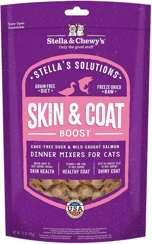 Stella & Chewy’s Solutions Skin & Coat Boost Cage Free Duck & Wild Caught Salmon Cat Food Dinner Mixers
