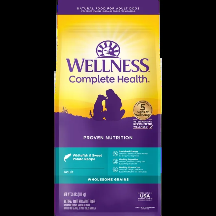 Wellness Complete Health Dry Dog Food, Wholesome Grains, Natural, Whitefish & Sweet Potato Recipe, (26-Pound Bag)