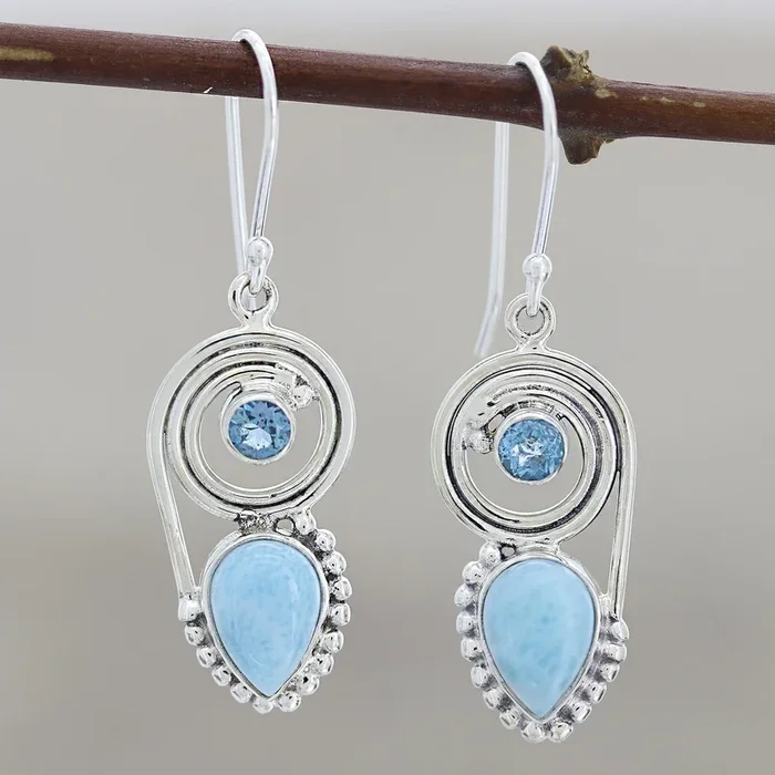 Wondrous Coil Dangle Earrings with Larimar and Blue Topaz