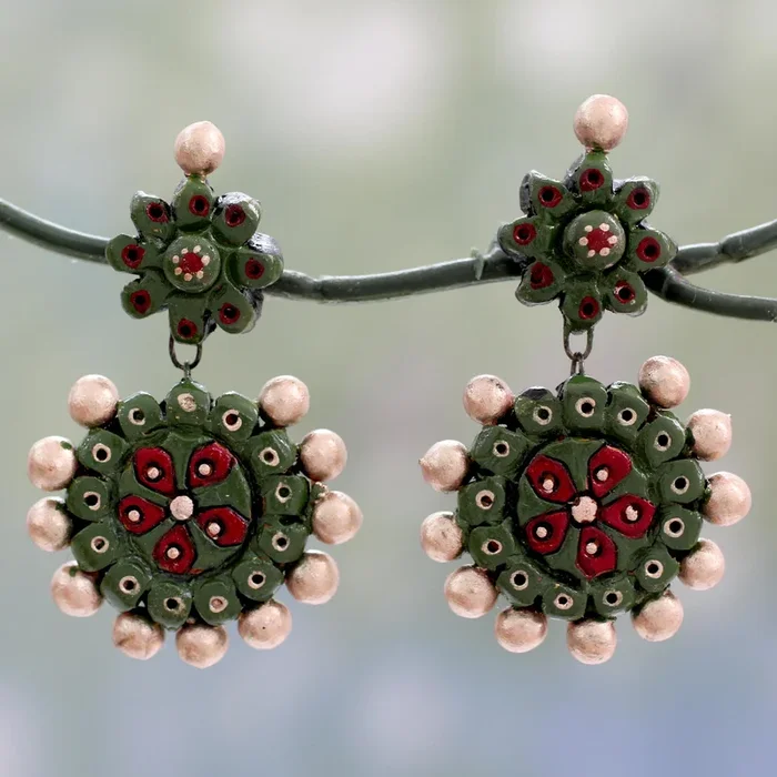 Woodland Wonder Green and Gold Ceramic Dangle Earrings from India