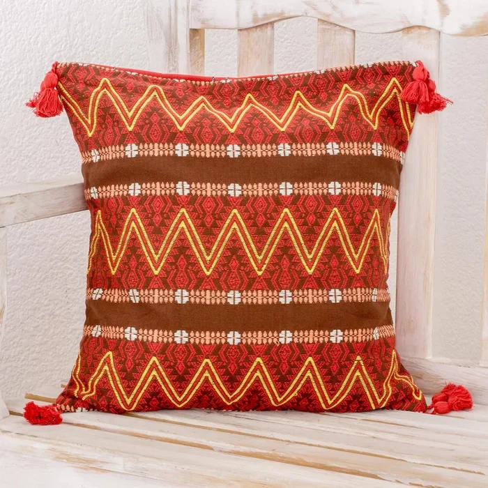Zigzag Paths in Chestnut Zigzag Motif Cotton Cushion Cover in Chestnut from Guatemala