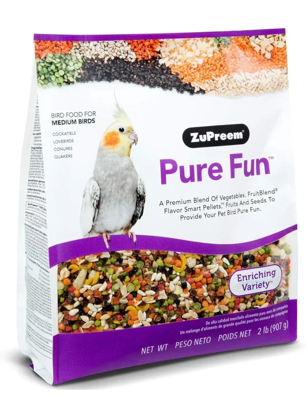ZuPreem Pure Fun Bird Food for Medium Birds, 2 lb – Variety Blend of Vegetables, FruitBlend Pellets, Fruit, Seeds for Lovebirds, Quakers, Small Conures, Cockatiels